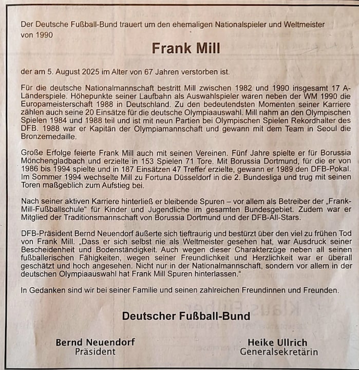In memory of Frank Mill, his hometown club Rot-Weiss Essen is missing.