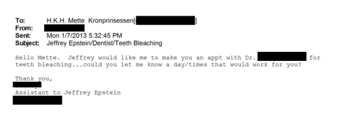 Per Mail fragte Jeffrey Epsteins Assistentin Mette-Marit nach einem passenden Termin für eine Zahnaufhellung.