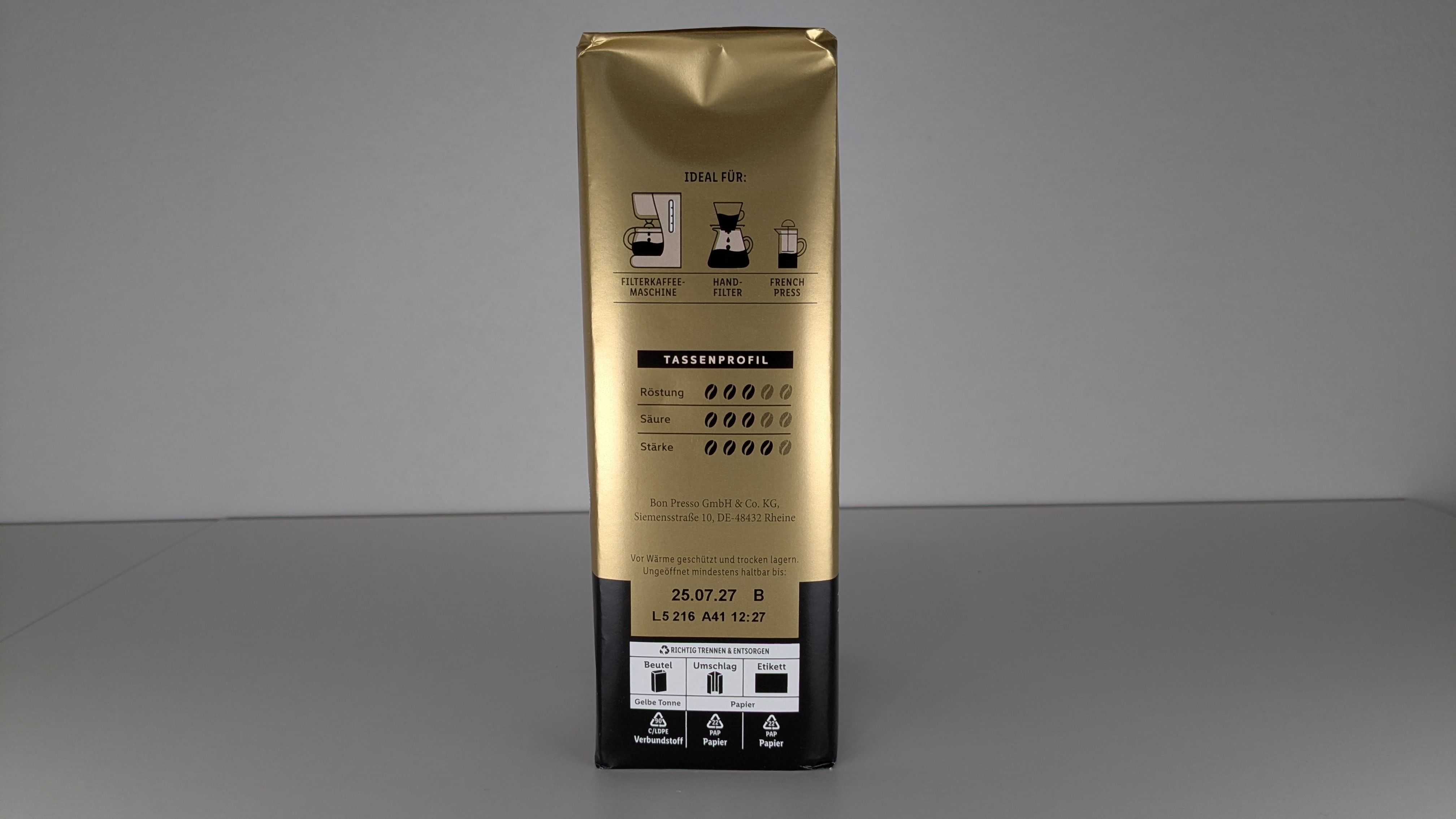 Bellarom Gold (Lidl) 500 Gramm von der Seite.