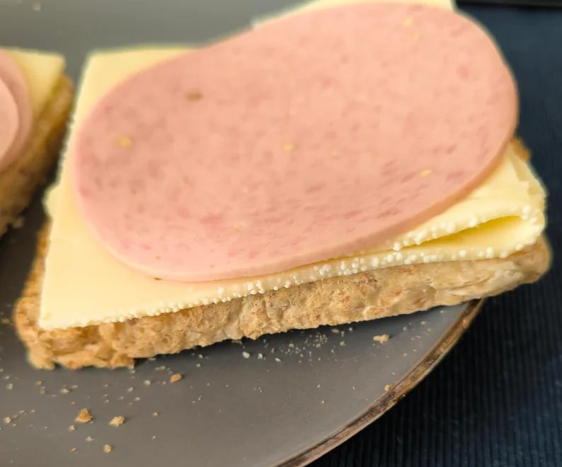 Witte stippen op de rand van de plak kaas