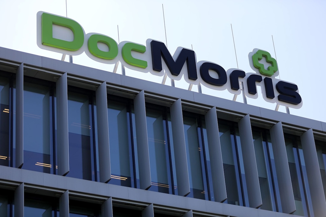 The logo of the mail-order pharmacy DocMorris on the roof of the headquarters.