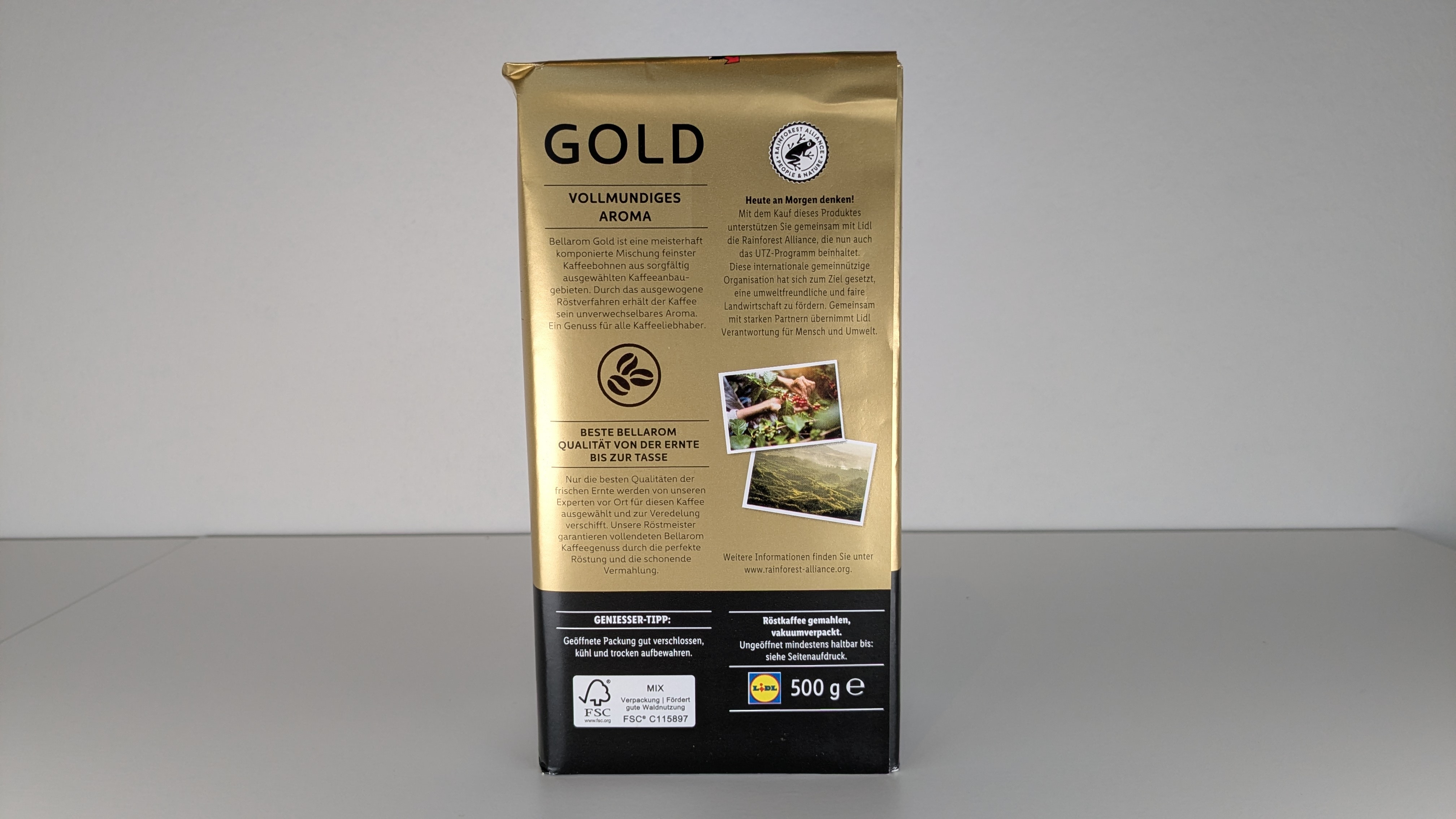 Bellarom Gold (Lidl) 500 Gramm von hinten.