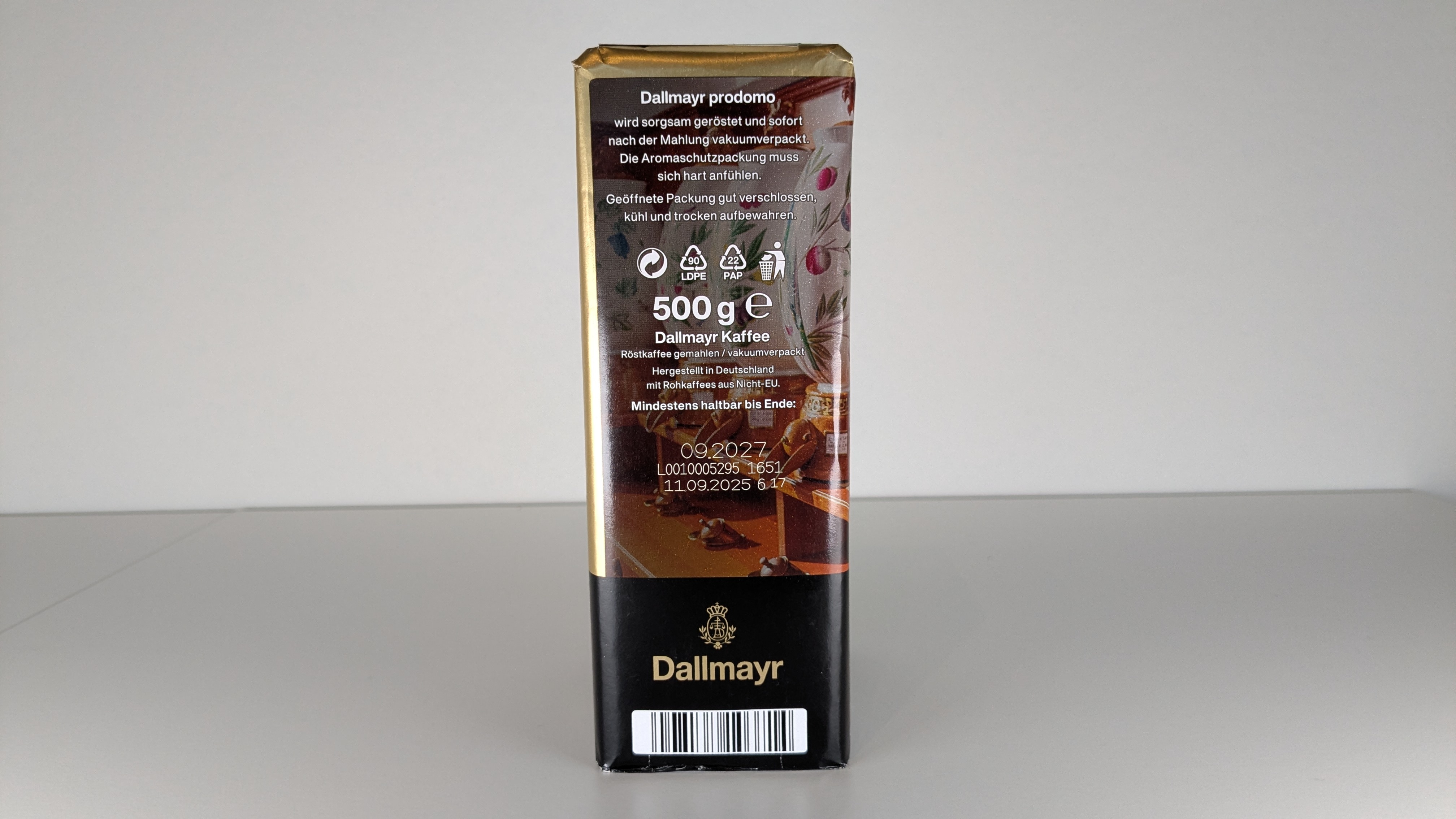 Dallymayr Prodomo 500 Gramm von der Seite.