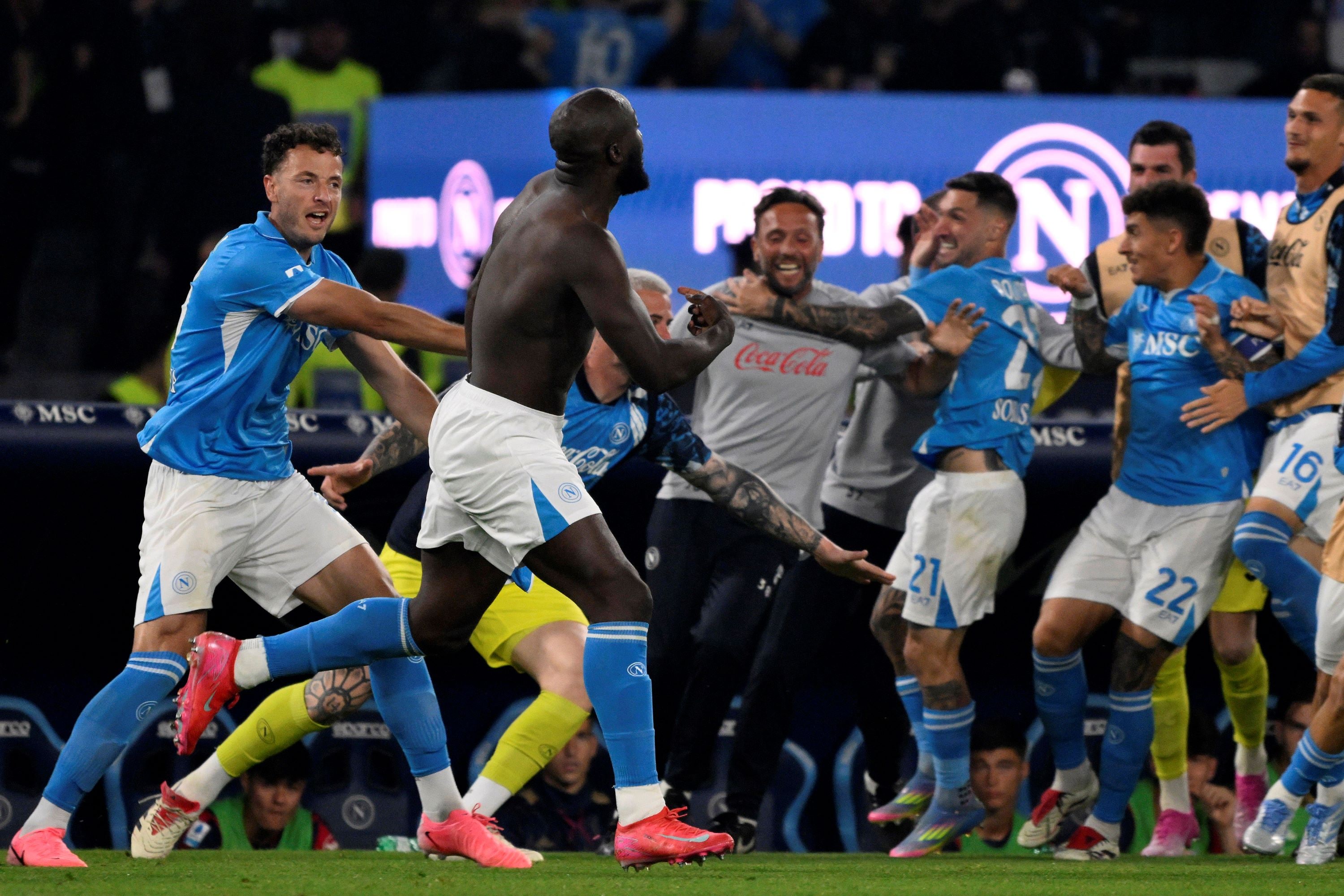 Naples' Romelu Lukaku celebrates after scoring the 2-0 goal
