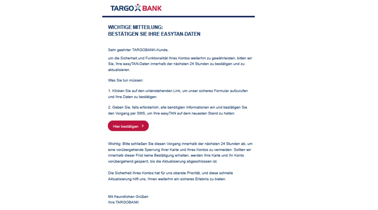 So sieht die E-Mail aus, die derzeit an Targobank-Kunden gesendet wird.