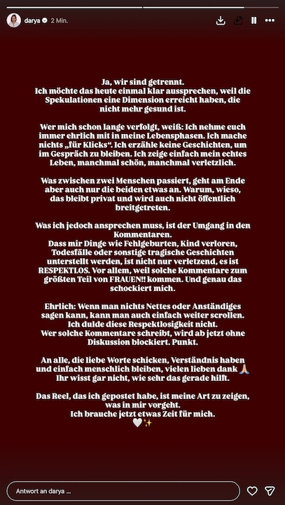 Darya Strelnikova bestätigt die Trennung von Fabio.