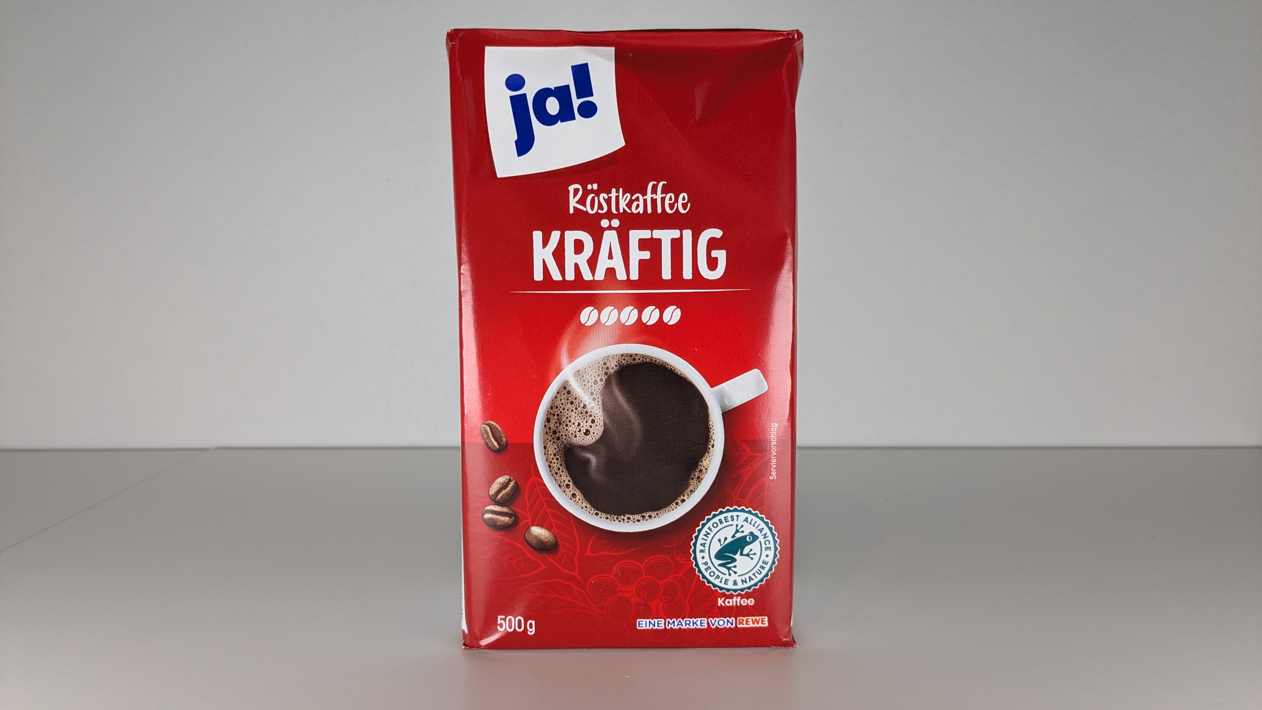 Ja! Röstkaffee Kräftig (REWE) 500 Gramm von vorne.