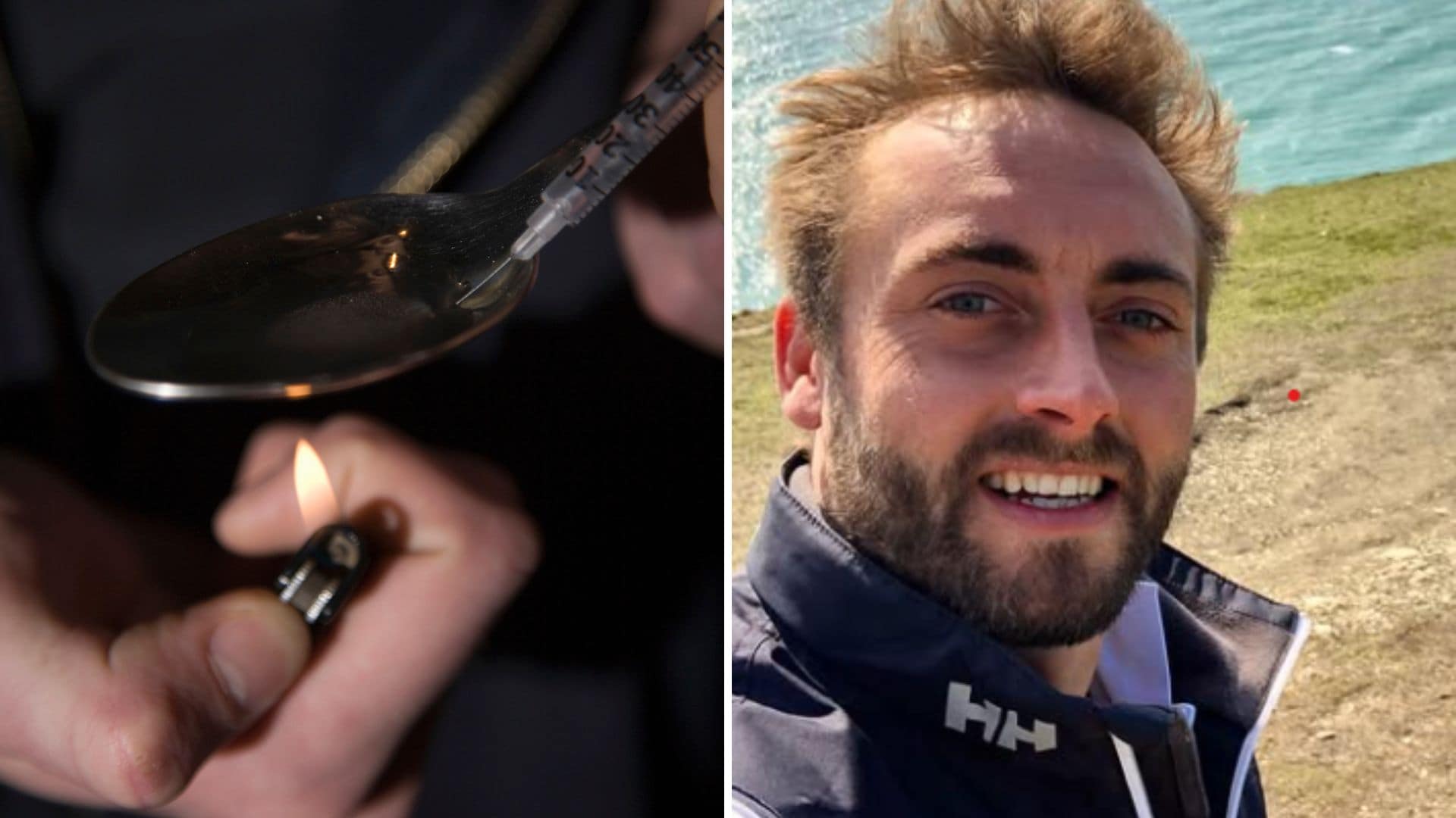 A man heats heroin over a spoon (right), next to him is successful entrepreneur Sam Budd (right).