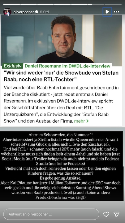 In his Instagram story, Oliver Pocher criticized Stefan Raab's new show